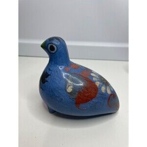 Vintage Tonala Mexican Folk Art Pottery bird Figurine Blue Orange Hand Painted